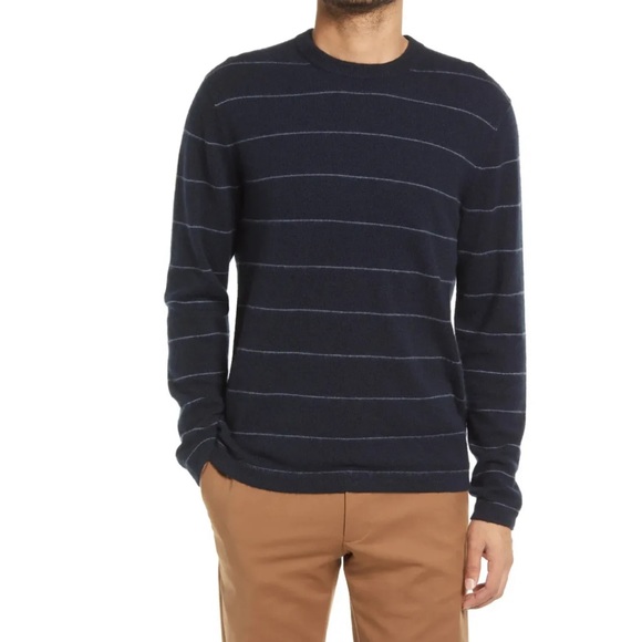 Vince Men's Boiled 100% Cashmere Stripe Long Sleeve Navy Blue Crew Sweater XL - Picture 1 of 14